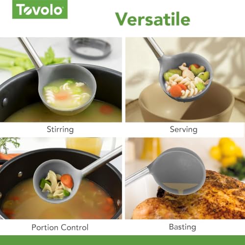 Tovolo Silicone Ladle With Stainless Steel Handle Deep Soup Ladle for Cooking Canning Serving Soup Punch Stew Sauce, Large Kitchen Utensil Spoon Dishwasher Safe BPA Free Silicone Oyster Gray - color: Oyster Gray