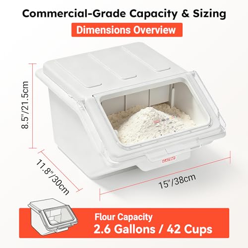 2.6 Gallon / 42 Cup Commercial Shelf Ingredient Bin with Scoop, Stackable Food Storage Container with Clear Flip Lid, Built-in FIFO Label and One-Hand Access for Flour Sugar Rice