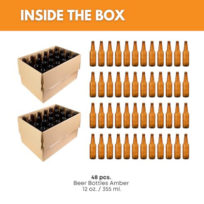 FastRack Amber Beer Bottles 12oz (Pack of 48) | Longneck Glass Beer Bottles with Pry-off Crown Finish for Home Brewing Mead, Cider & Kombucha | Durable Brewing Bottle & Bottling Kit