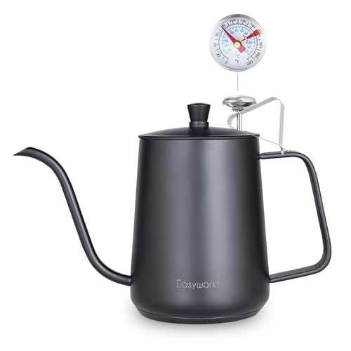 Easyworkz Gooseneck Pour Over Coffee Kettle 30 fl oz with Thermometer Stainless Steel Hand Drip Coffee Pot With Long Narrow Spout,Suitable for Induction Cookers - color: Black