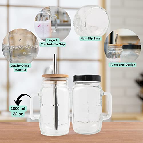 32 oz Wide Mouth Glass Drinking Jar with Handle | Iced Coffee Cup | Includes 2 Lids, 2 Silicone Straws, 2 Stainless Steel Straws, 20 Reusable Ice Cubes, Cleaning Brush & Recipe Book.