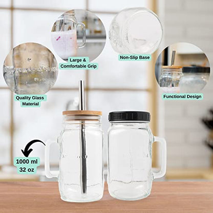 32 oz Wide Mouth Glass Drinking Jar with Handle | Iced Coffee Cup | Includes 2 Lids, 2 Silicone Straws, 2 Stainless Steel Straws, 20 Reusable Ice Cubes, Cleaning Brush & Recipe Book.
