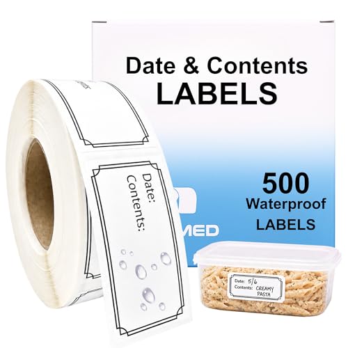 Waterproof Date & Contents Pantry Labels 1" x 2" (25.4 x50.8 mm) - 500/roll in Dispense Box – Easy-Tear Perforated Food Labels for Containers, Freezer & Meal Prep – Removable, Writable - style: Date and Contents Label