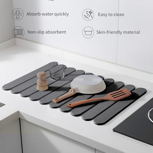 24"×16" Grey Stone Dish Drying Mats for Kitchen Counter, Large Quick Dry Collapsible Eco-Friendly Super Absorbent Diatomaceous Earth Heat-resistant Mat for Dishes Bottles Cups, Match Any Countertop - color: Dark Gray