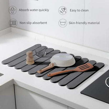 24"×16" Grey Stone Dish Drying Mats for Kitchen Counter, Large Quick Dry Collapsible Eco-Friendly Super Absorbent Diatomaceous Earth Heat-resistant Mat for Dishes Bottles Cups, Match Any Countertop - color: Dark Gray