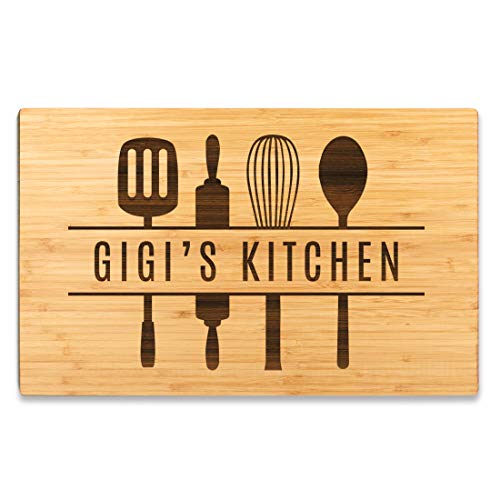 Andaz Press Large Bamboo Wood Cutting Board Gift, 17.75 x 11-inch, Gigi's Kitchen, Utensils Graphic, 1-Pack, Laser Engraved Serving Chopping Board Christmas Birthday Chef Kitchen Ideas - color: Gigi