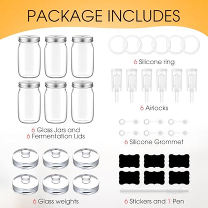 Honeydak Fermentation Kit for Mason Jars – 6 Pack Wide Mouth Glass Jars with Airlock Lids & Weights for Kimchi, Sauerkraut, Pickles & Yogurt - size: 34 oz