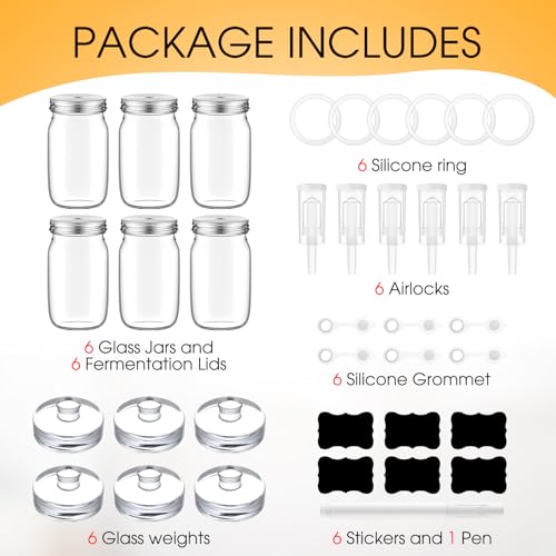 Honeydak Fermentation Kit for Mason Jars – 6 Pack Wide Mouth Glass Jars with Airlock Lids & Weights for Kimchi, Sauerkraut, Pickles & Yogurt - size: 34 oz