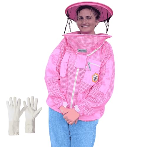 Beekeeping Jacket with Veil 3-Layer Ultra Ventilated Veil Round) YKK Zippers Full Protection Suit Carrying Bag (BP-302-Pink)-3XL - color: Pink Round, size: 3X-Large