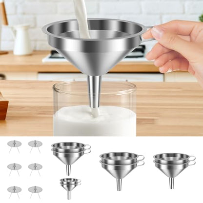 14 Pack Stainless Steel Funnels with 6 Fine Mesh Strainers, 4 Sizes 2.2-5.9 Inches Food Grade 304 Metal Kitchen Funnel Set for Filling Bottles, Oil, Jam, Juice, Wine, Milk, Powder, Canning - color: Silver 14pcs