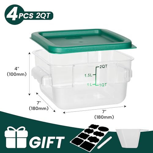 BIEAMA 4 Pack Food Storage Containers, 2 Quart with Lids, Square Commercial Containers with Scale, NSF, Polycarbonate, Clear - color: 2Qt-4 Pack(Green Lids)