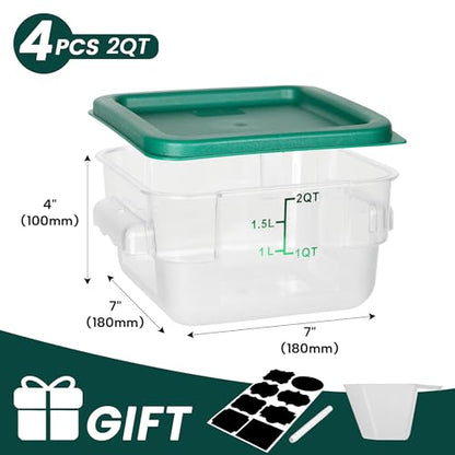BIEAMA 4 Pack Food Storage Containers, 2 Quart with Lids, Square Commercial Containers with Scale, NSF, Polycarbonate, Clear - color: 2Qt-4 Pack(Green Lids)