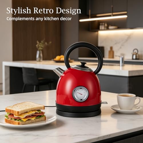 1.7L(57oz) Retro Electric Water Kettle, 1500W 304 Stainless Steel Temperature Control Tea Pot, Cordless LED, Built-in Thermometer, Auto Shut-Off & Boil Dry Protection - color: Red