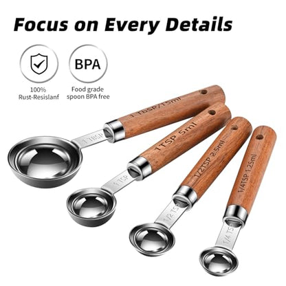 Wooden Handle Measuring Cups & Spoons Set 8-Piece – Stainless Steel, Stackable, Rustic Farmhouse Kitchen Gadgets, Non-Toxic, Dishwasher Safe, Gift for Bakers & New Homeowners. - size: Silver-wood handle