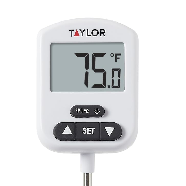Taylor Programmable Digital Candy and Deep Fry Thermometer with Green Light Alert Display, Long Stem, and Adjustable Pan Clip, White - color: White