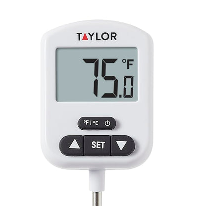 Taylor Programmable Digital Candy and Deep Fry Thermometer with Green Light Alert Display, Long Stem, and Adjustable Pan Clip, White - color: White