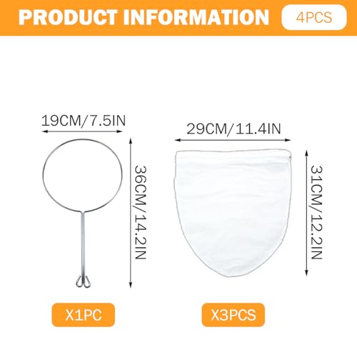 4Pcs Cheese Cloth Bag for Home Straining - Ultra Fine Mesh Nut Milk Bag Strainer with Steel Ring Leak-Proof Kitchen Filter Bags for Home Nut Milk Juice Coffee Yogurt