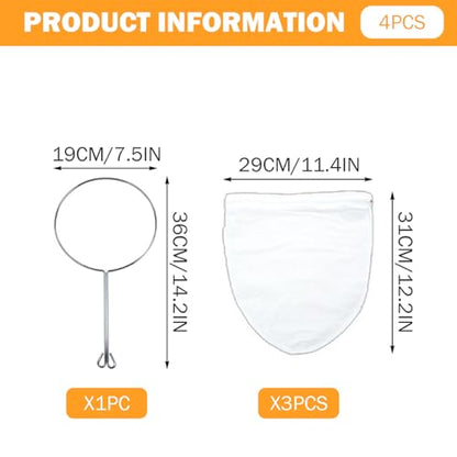 4Pcs Cheese Cloth Bag for Home Straining - Ultra Fine Mesh Nut Milk Bag Strainer with Steel Ring Leak-Proof Kitchen Filter Bags for Home Nut Milk Juice Coffee Yogurt