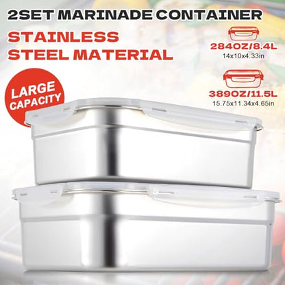 2 Pcs Large Stainless Steel Marinating Containers with Lids, Food Storage Containers for Refrigerator, Leak-proof & Stackable for Meal Prep, Meat(389oz/11.5l + 284oz/8.4l,No Handle) - size: 389oz/11.5l + 284oz/8.4l