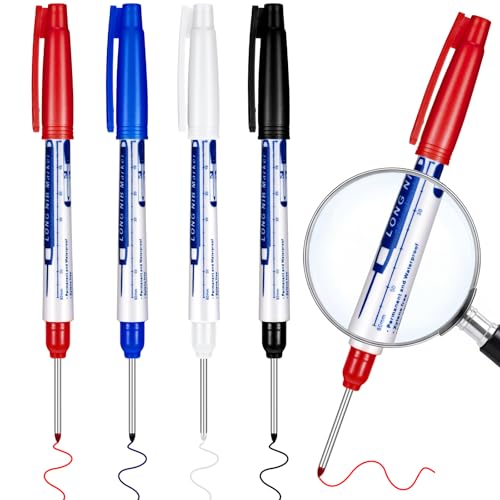 Gersoniel 4 Pcs Long Nib Marker 30 mm Deep Reach Markers Long Nose Waterproof Deep Hole Marker Carpenter Ink Reach Permanent Pens for Men Father Day Gift Carpenters Construction Builders 4 Colors