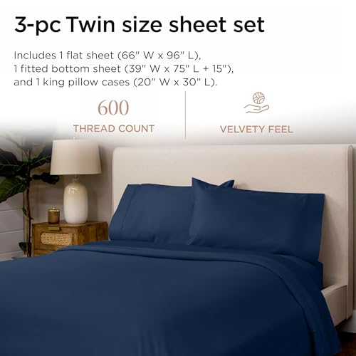 Threadmill 100% Cotton Sheets for Twin Size Bed - 600 Thread Count Twin Bed Sheets Set with 15” Deep Pocket - Sateen Weave 3-Piece Bedding Set with Cooling Effect, Folkstone Blue - color: Folkstone Blue Solid, size: Twin