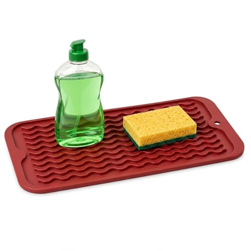 ZLR Silicone Sink Caddy Tray (6" x 12" / 153 x 305mm) - Narrow Sponge Holder for Kitchen Counter - Waterproof Dish Drying Mat, Non-Slip Soap Dispenser Mat & Bathroom Vanity Organizer (Lava Red) - color: Lava Red, size: 12" x 6"