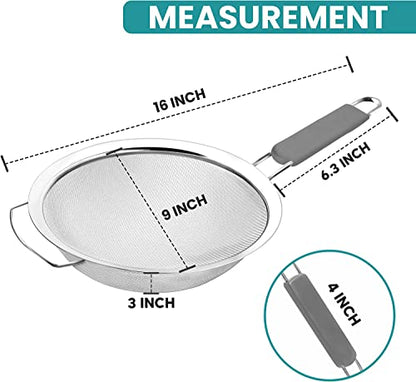 9" Large Extra Fine Mesh Strainer with Thermo Plastic Rubber Handle - Sieve Fine Mesh Stainless Steel - Ideal to Strain Pasta, Quinoa and Rice - size: 9 inch