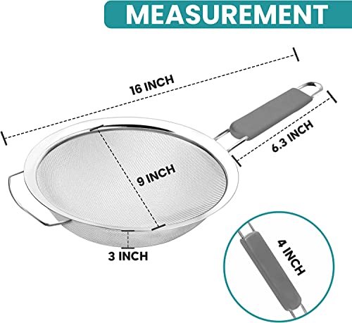 9" Large Extra Fine Mesh Strainer with Thermo Plastic Rubber Handle - Sieve Fine Mesh Stainless Steel - Ideal to Strain Pasta, Quinoa and Rice - size: 9 inch