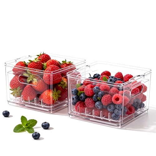 2 Pack Fruit Storage Containers for Fridge with Lid & Drain Basket | 3-in-1 Wash-Drain-Store – BPA-free clear containers keep berries/strawberries fresh, ready-to-eat in fridge.