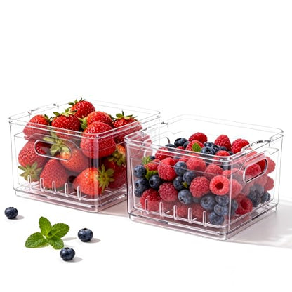 2 Pack Fruit Storage Containers for Fridge with Lid & Drain Basket | 3-in-1 Wash-Drain-Store – BPA-free clear containers keep berries/strawberries fresh, ready-to-eat in fridge.
