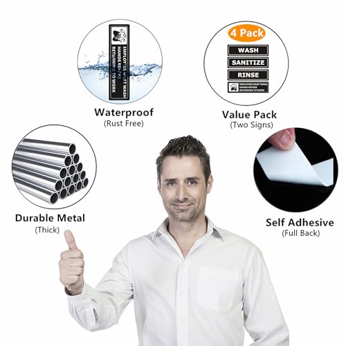 (4 PACK) Wash Rinse Sanitize Sink Labels Signs Stickers with Employees Must Wash Hands Sign, Self-adhesive Waterproof Aluminum Metal Sign for Restaurant Kitchen Sinks (9x3 inch, Black) - color: Black/White, size: 9" x 3"
