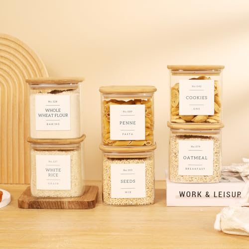6 Pack Square Glass Pantry Storage Containers with 132 Kitchen Food Pantry Labels - 24 floz Clear Glass Pantry Jars with Airtight Wood Bamboo Lids - Glass Canisters for Sugar, Cereal, Coffee, Spice - size: 24oz-6pack
