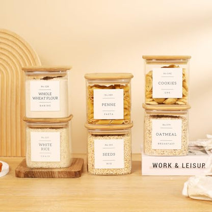 6 Pack Square Glass Pantry Storage Containers with 132 Kitchen Food Pantry Labels - 24 floz Clear Glass Pantry Jars with Airtight Wood Bamboo Lids - Glass Canisters for Sugar, Cereal, Coffee, Spice - size: 24oz-6pack