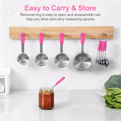 Bopei Measuring Cups and Spoons Set Stainless Steel 10 Piece for Cooking and Baking (5 Cups + 5 Spoons, Pink Handle) - color: Pink