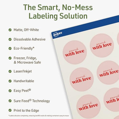 Avery Dissolvable Round Labels, Sure Feed Technology, 1-5/8" Diameter, Matte White, Print-to-The-Edge, Laser/Inkjet Printable, 100 Labels Total - style: 100 labels
