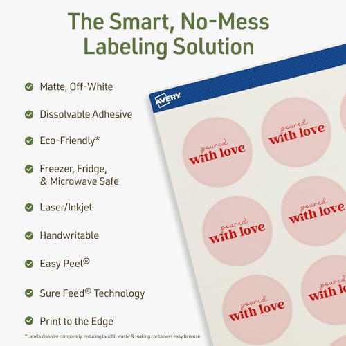 Avery Dissolvable Round Labels, Sure Feed Technology, 1-5/8" Diameter, Matte White, Print-to-The-Edge, Laser/Inkjet Printable, 500 Labels Total - style: 500 labels