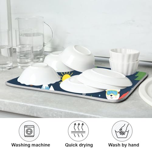 Skiing Polar Bear Tree Dish Drying Mat for Kitchen Counter Super Absorbent Draining Mat with Non-slip Backed Sink Mats for Dish Bottles Cups Bowl Draining Racks Countertops Sinks