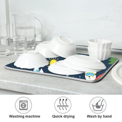 Skiing Polar Bear Tree Dish Drying Mat for Kitchen Counter Super Absorbent Draining Mat with Non-slip Backed Sink Mats for Dish Bottles Cups Bowl Draining Racks Countertops Sinks