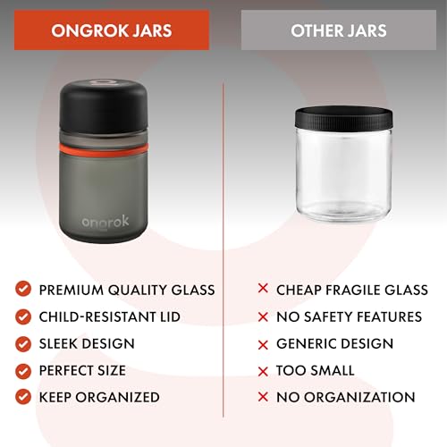 ONGROK Glass Storage Jar, 180ml, 3 Pack | UV Herb/Spice Jar with Child‑Resistant Lid, Color‑Coded Glass Containers to Preserve Smell and Aroma - size: 180ML - 3 Pack