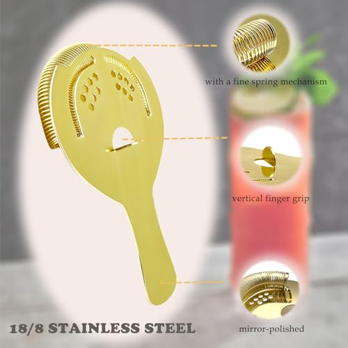 Gold Cocktail Strainer for Drinks 2 Prong Hawthorne Strainer with Removable Spring Stainless Steel Bartending Strainer Bar Cart Tool - color: Gold
