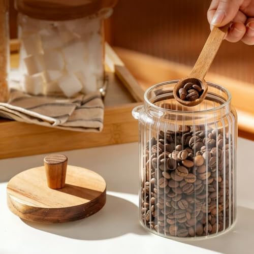 ANSQU Glass Jar with Wooden Lid & Spoon, 20.3oz Food Storage Containers Coffee Jar Coffee Grounds Container, Coffee Canister holds up to 7.4oz Coffee Beans (1 Pack) - size: 20.3oz-1pack-stripe