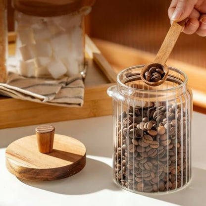 ANSQU Glass Jar with Wooden Lid & Spoon, 20.3oz Food Storage Containers Coffee Jar Coffee Grounds Container, Coffee Canister holds up to 7.4oz Coffee Beans (1 Pack) - size: 20.3oz-1pack-stripe