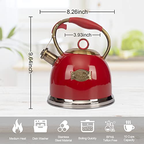 Tea Kettle, Stovetop Whistling Teapot, Stainless Steel, Red, 3.0-Quart - color: Red