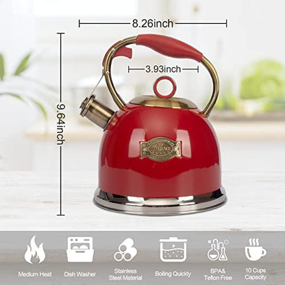 Tea Kettle, Stovetop Whistling Teapot, Stainless Steel, Red, 3.0-Quart - color: Red