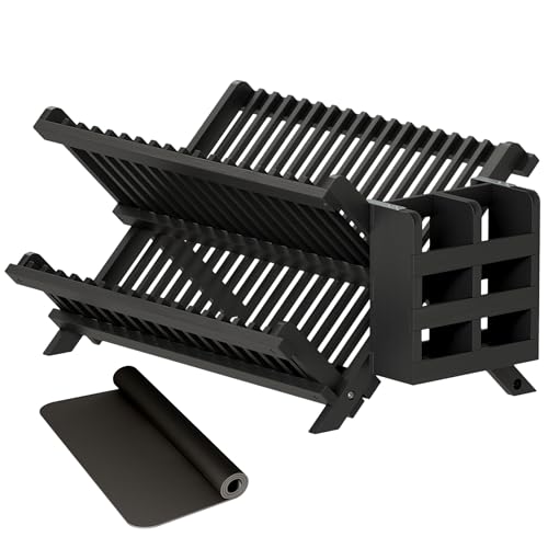 Greenual Black Bamboo Dish Drying Rack with Utensil Holder, 2 Tier Collapsible Dish Rack, Wooden Dish Racks for Kitchen Counter, Folding Drying Holder with Absorbent Dish Drying Mat - color: Black, size: 2-Tier+Dish Drying Mat