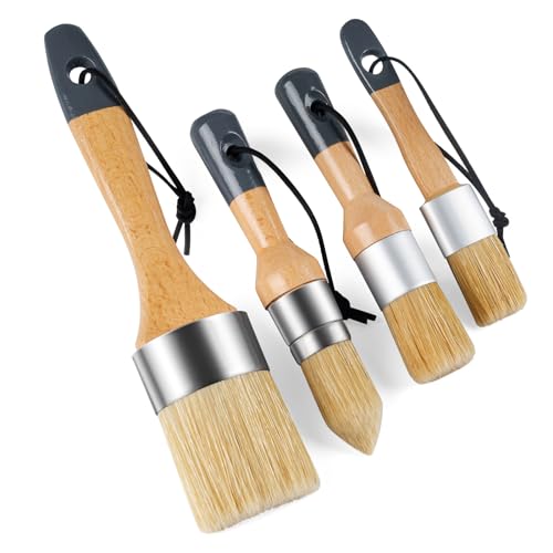 Mister Rui Chalk Wax Paint Brush, 4pcs, Chalk Paint Brushes for Furniture, Small Wax Brush for Milk Paint, Acrylic Paint, Natural Bristles Stencil Brushes, No Shedding for Home Decor, Art Crafts - size: 4PCS, 1 Medium, 3 Small
