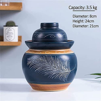 Blue Chinese Porcelain Pickle Jar - Ceramic Fermentation Crock with Water Seal Airlock Lid, Ideal for Kimchi & Sauerkraut, 3.5KG Stoneware Fermenter