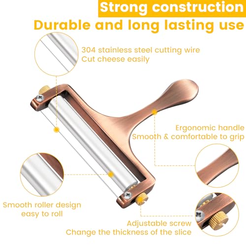TOPULORS Wire Cheese Slicer Handheld Cutter with 1 Extra Wire, Copper Red | Stainless Steel Cheese Cutter Wire for Mozzarella, Cheddar, Gruyere, Adjustable Thickness Cheese Shaver for Block Cheese - color: Copper red - Wire cheese slicer