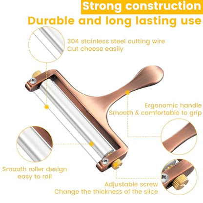 TOPULORS Wire Cheese Slicer Handheld Cutter with 1 Extra Wire, Copper Red | Stainless Steel Cheese Cutter Wire for Mozzarella, Cheddar, Gruyere, Adjustable Thickness Cheese Shaver for Block Cheese - color: Copper red - Wire cheese slicer
