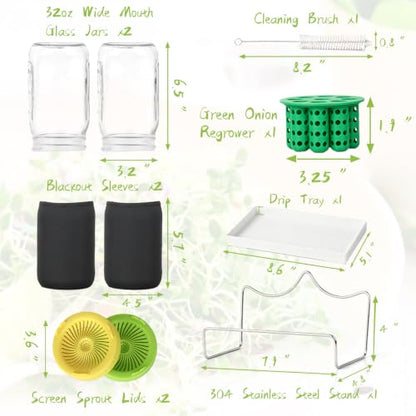 Seed Sprouting Kit - 2×32 Oz Wide-Mouth Mason Jars with Sprouter Lids, Stand, Sprout Tray & Light Shield, for Broccoli, Alfalfa, Mung Beans & Microgreens (Yellow + Green + Green Onion Regrower) - color: Yellow + Green + Green Onion Regrower
